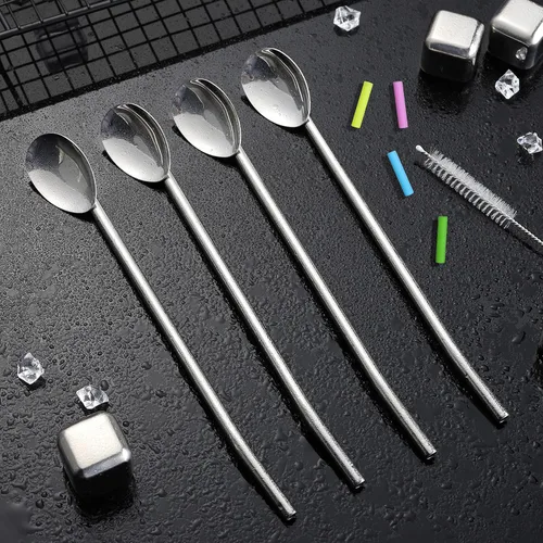 Vista 6 de Cucharas de té helado largas de acero inoxidable, cucharas de barra de pajilla, mango con pajita para mezclar, revolver, beber (S-10)