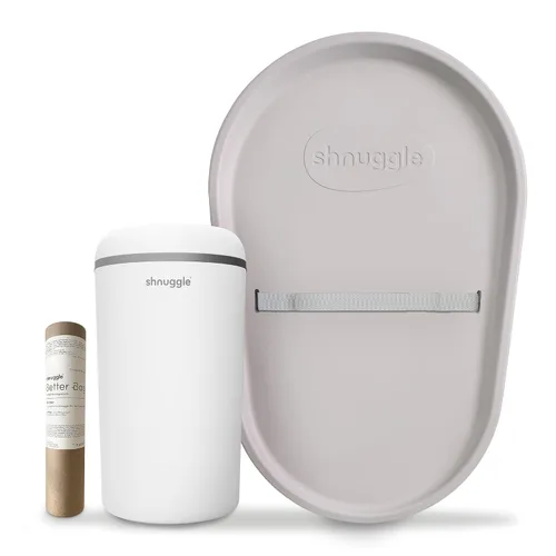 Vista 12 de Shnuggle Changing Essentials Bundle – Cambiador esponjoso de eucalipto + contenedor de pañales ecológico + mejores forros para bolsas – lavable