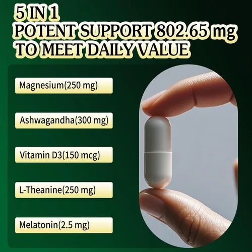 Vista 3 de VPKIN Suplemento de Ashwagandha de magnesio,Glicinato de magnesio,Melatonina, L-teanina más vitamina D3,Sin gluten,120 cápsulas
