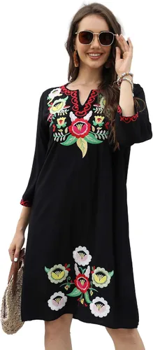 Vista 2 de Vestido bordado mexicano para mujer, vestidos bordados florales para mujer, estilo bohemio, campesino, manga 34, vestido de fiesta, falda casual