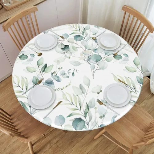 Vista 2 de Mantel elástico redondo con borde de hojas verdes salvia, ajustable para mesa de 45 a 50 pulgadas de diámetro