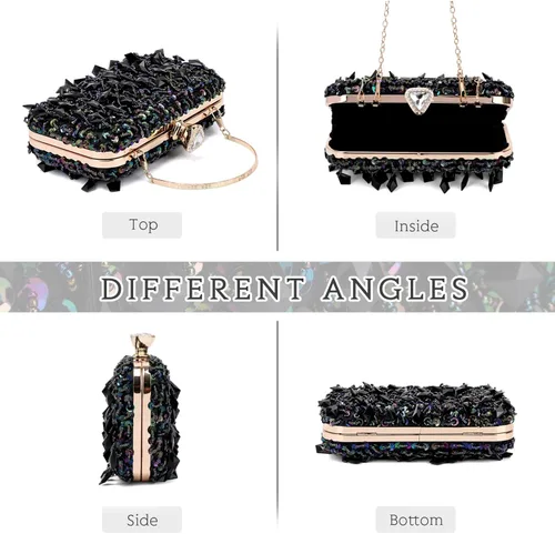 Vista 2 de Oweisong Bolso de mujer con diamantes de imitación de cristal negro para boda, bolso de hombro con cuentas de diamantes brillantes para graduación