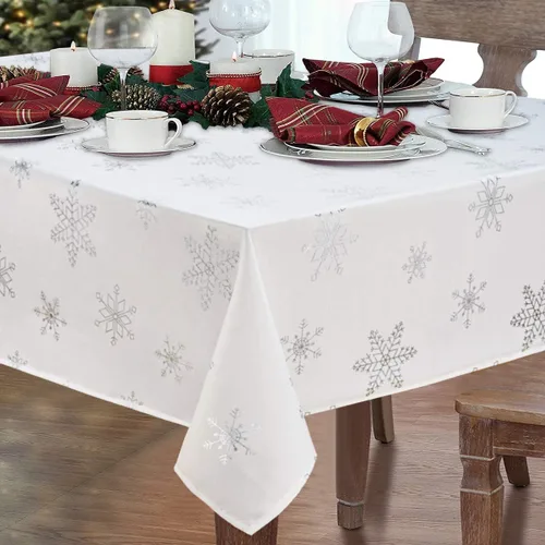 Vista 8 de Mantel de Navidad, mantel de copo de nieve gris y blanco, mantel impermeable de Navidad gris para comedor, cocina, vacaciones de invierno, funda