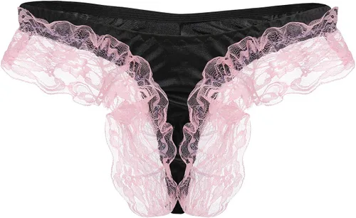 Vista 3 de Ropa interior de encaje floral sexy para hombre, bolsa de satén brillante para travestido, tanga tanga, bragas de sirvienta, cosplay, lencería breve