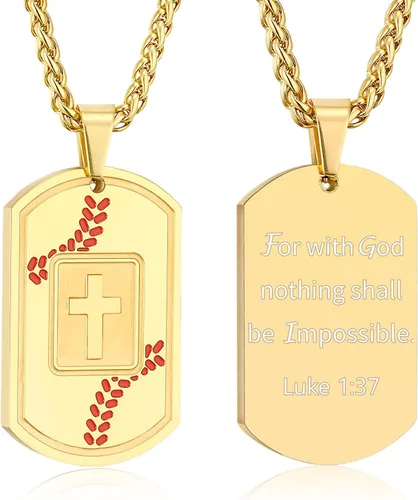 Vista 18 de Collar de cruz con versículo bíblico de béisbol, acero inoxidable, dije de cruz en tono negro/dorado/plateado, regalos religiosos, joyería deportiva