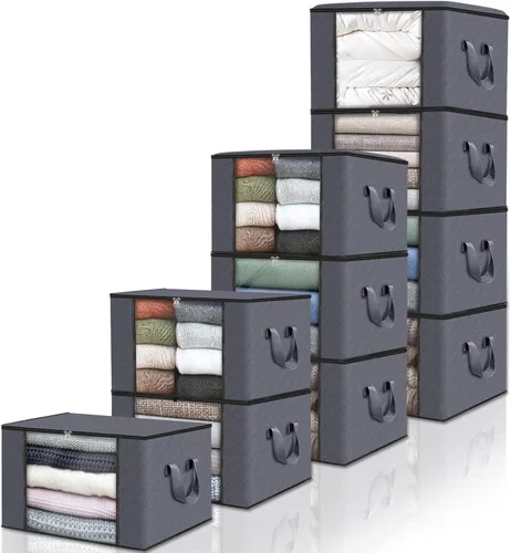 Vista 61 de Fab totes Paquete de 3 bolsas de almacenamiento plegables de tela gruesa, contenedores para organizar dormitorio, armario, ropa, edredón, Beige