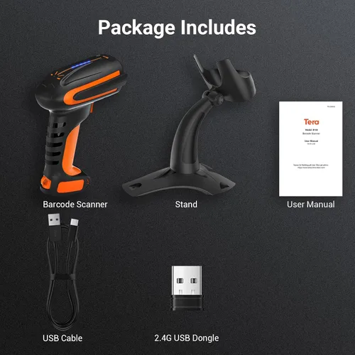 Vista 7 de Tera Escáner de código de barras inalámbrico con soporte: naranja industrial resistente a caídas IP66, BT 2.4G USB, 640*480 CMOS Global, 1D 2D QR