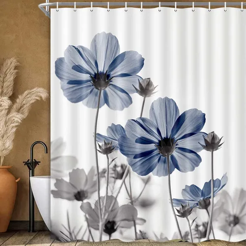 Vista 9 de MERCHR Cortina única floral azul para decoración de baño, cortina de ducha estilo granja con flores de margarita azul y gris elegantes y diseño