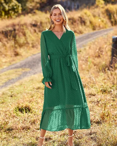 Vista 5 de BTFBM - Vestidos informales para mujer de manga larga, cruzado con cuello en V, estampado floral, estilo bohemio, acampanado y plisado, vestido midi