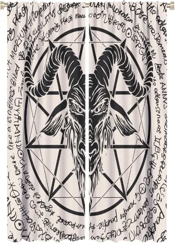 Vista 43 de BAEKJIN Cortinas de cabeza de cabra, diseño de calavera malvada, bruja, símbolo misterioso, bolsillo para barra, cortinas opacas para ventana, juego