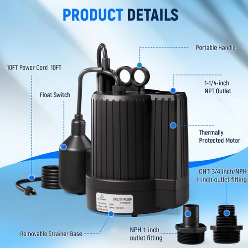 Vista 8 de D-HONOR Sump Pump, Submersible Water Pump 1/3 HP 1600 GPH with Float Switch Automatic Utility Pump for Pool, Pond, Garden, Flooded Basement