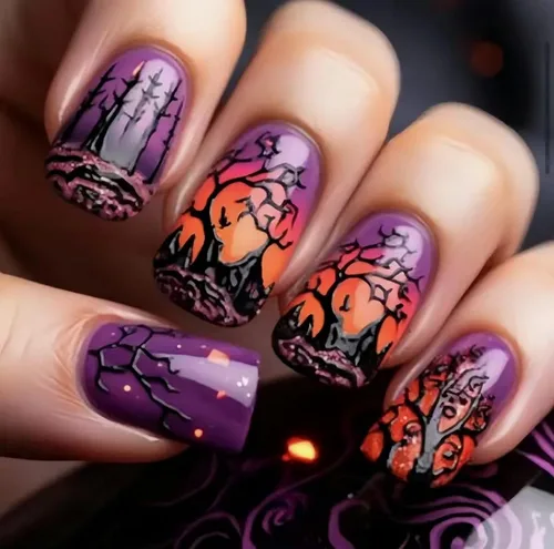 Vista 15 de Uñas postizas a presión para Halloween, cuadradas, cortas, con diseños de bosque lunar, uñas postizas con pegamento oscuro brillante en las uñas