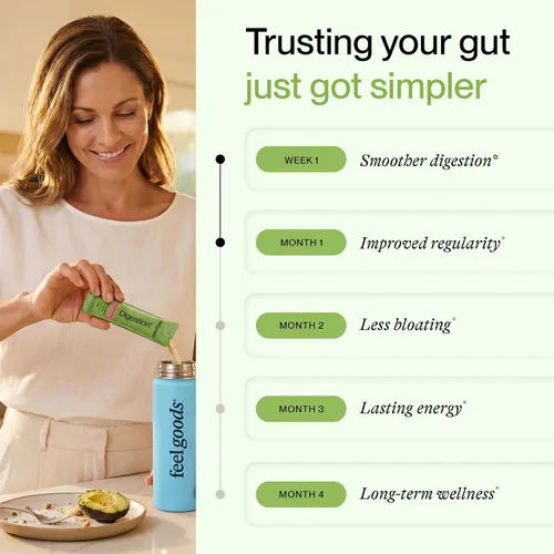 Vista 3 de Feel Goods Digestion+, salud intestinal, mezcla de fibra orgánica y probióticos, enzimas digestivas para alivio de la hinchazón, limpieza intestinal