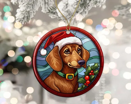 Vista 2 de Dachshund - Adorno de cerámica de vitral de Navidad, adorno colgante para árbol de Navidad, adorno de vitral de perro, adorno religioso