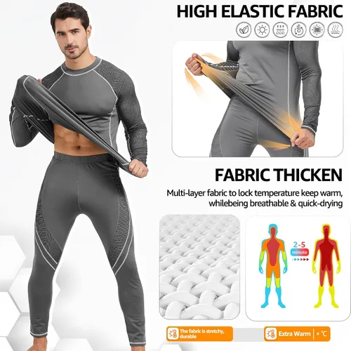 Vista 3 de UNIQUEBELLA Conjunto de ropa interior térmica para hombre, parte superior larga, forro polar, secado rápido, capa base térmica
