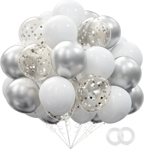 Vista 20 de Kit de 72 globos de confeti negro y dorado, globos negros, dorados y blancos de 12 pulgadas y globos de confeti dorado con cintas para globos