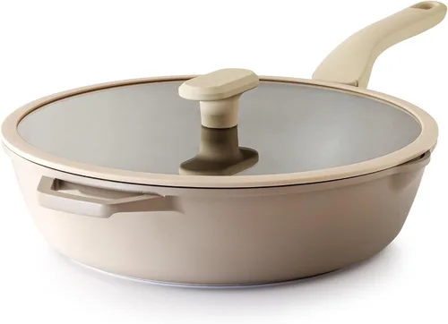 Vista 10 de PRICUSIS Sartén antiadherente profunda para freír con tapa de vidrio, 10 pulgadas (3.2 cuartos de galón), sartén antiadherente para saltear 5 veces