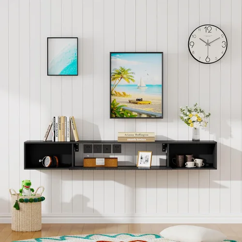 Vista 8 de Soporte de TV flotante de 55 pulgadas con luz LED, soporte de TV flotante montado en la pared, centro de entretenimiento flotante con almacenamiento