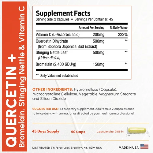 Vista 4 de Quercetina 500 mg con bromelina, vitamina C y ortiga picante. Suplemento avanzado para senos nasales y alergias. 90 cápsulas vegetales naturales.