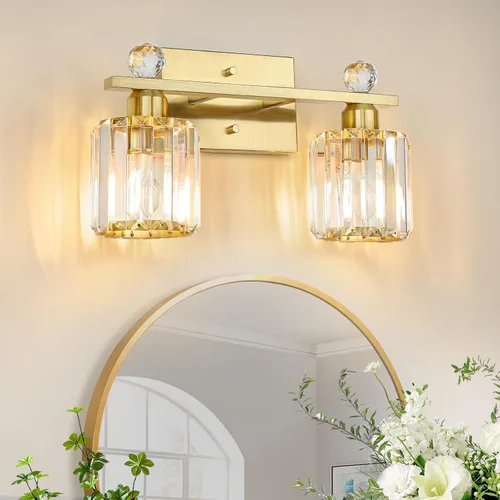 Vista 11 de Lámparas de baño doradas de 1 luz, modernas luces de tocador de baño con pantalla de cristal transparente, luces de montaje en pared de baño