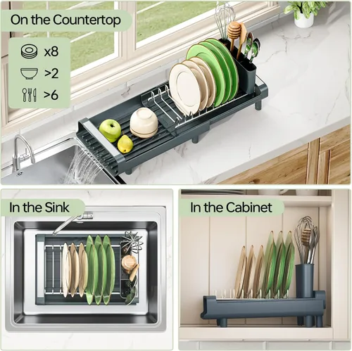 Vista 3 de [Usado] TOOLF Escurridor de platos pequeño, mini escurridor compacto expandible, escurridor de platos delgado y extensible de acero inoxidable