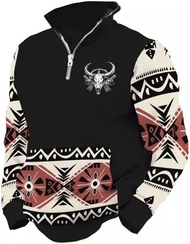 Vista 30 de LOAIHA Native American - Sudadera con capucha para hombre, manga larga, cremallera de 1/4, chaqueta vaquera
