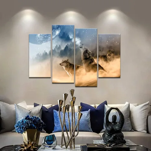 Vista 2 de Biuteawal - 4 piezas de arte de pared de animales de lobo aullando a la luna, póster de arte impreso de vida silvestre para decoración moderna