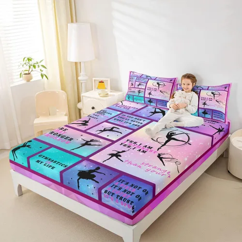 Vista 21 de Sábana bajera ajustable de ballet para niñas, juego de ropa de cama de ballet para danza de ballet, sábanas de cama con rayas geométricas onduladas