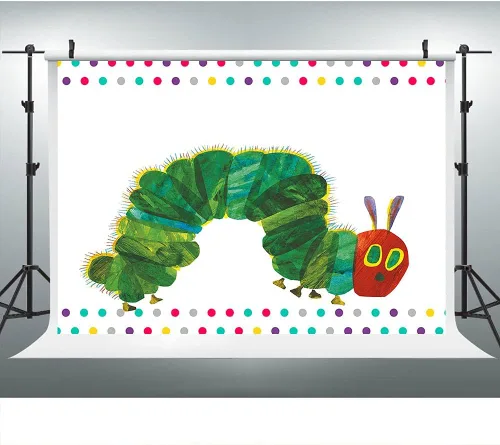 Vista 8 de Fondo de fotografía de feliz cumpleaños, fiesta temática de oruga de 5 x 3 pies, diseño de insectos de color arco iris, dibujos animados para niños