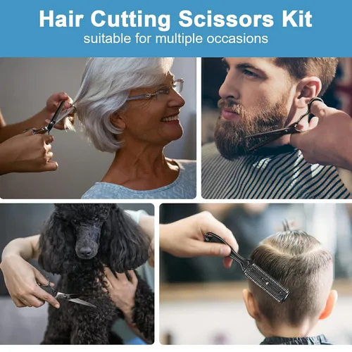 Vista 6 de Juego de 11 tijeras profesionales para el cabello, suministros de peluquería de acero inoxidable, incluyendo tijeras rectas, tijeras para adelgazar
