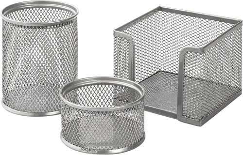 Vista 2 de Organizador de escritorio de malla metálica para bolígrafos, juego de trío, soporte para lápices, soporte para clip de papel, soporte para bloc