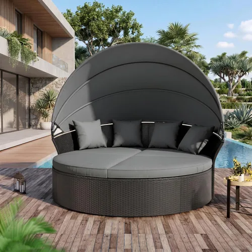 Vista 7 de Crownland Sofá cama redondo para patio con toldo retráctil, modular de mimbre con concha, muebles de mimbre para exteriores, sofá cama para patio
