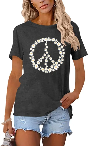 Vista 4 de Camiseta de amor con signo de paz para mujer, camiseta con estampado de flores, hippie de manga corta de los años 60 y 70, camiseta inspiradora