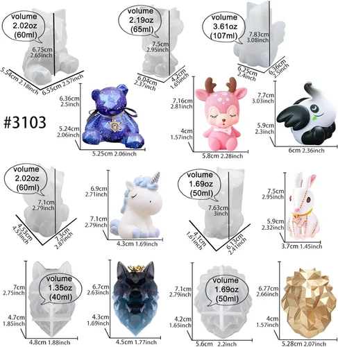 Vista 2 de Juego de moldes de silicona de resina epoxi 3D con diseño de animales, unicornio, león, lobo, elefante, ciervo, conejo, oso, suministros de joyería