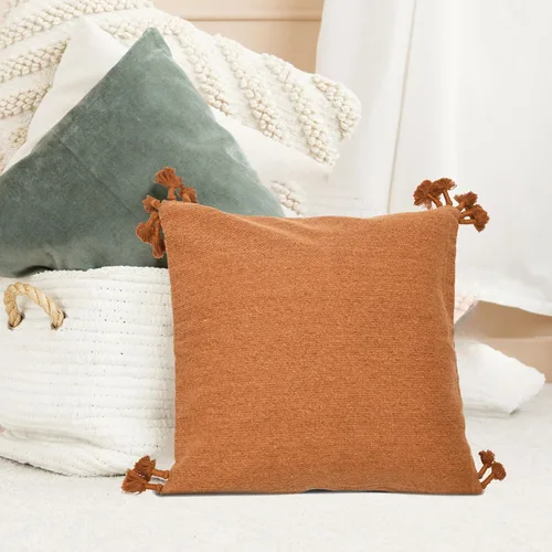 Vista 10 de Funda de almohada cuadrada de lona de 20 pulgadas con borlas Beige