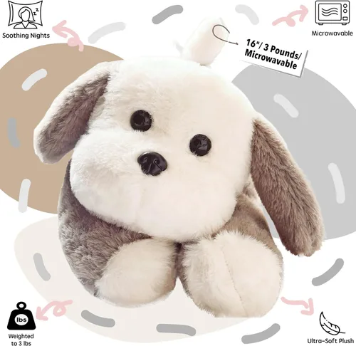 Vista 2 de uoozii Animales de peluche de perro gris con peso de 16" 3 libras con almohadilla térmica para microondas sin aroma, lindo peluche