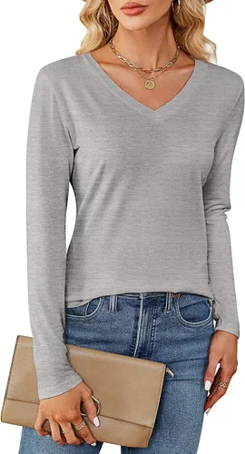 Vista 5 de Ficerd Paquete de 2 camisetas de manga larga para mujer, cuello en V, casuales, ajustadas, básicas, de color sólido, dobladillo curvado