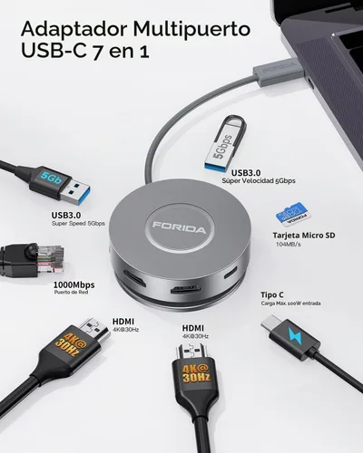Vista 2 de Estación de acoplamiento Micro USB C Dual HDMI Monitor FORIDA USB C a USB Hub con 1 Gbps Ethernet 100W Power Delivery Lector de tarjetas Micro SD