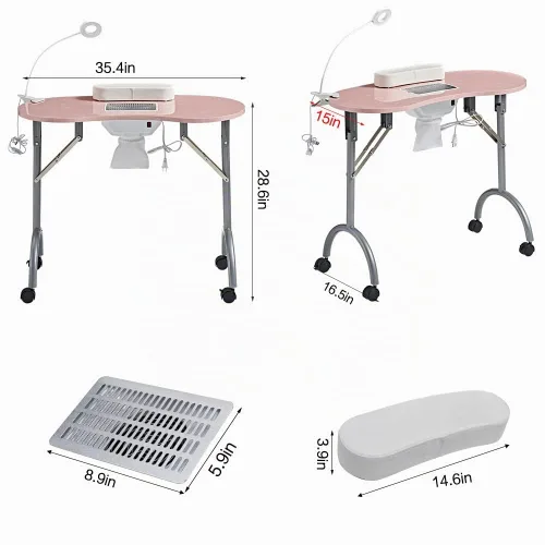 Vista 6 de CHAOEEMY Mesa de Escritorio para Uñas Portátil Mesa de Manicura, Mesa Profesional para Uñas con Lámpara de Mesa LED con Enchufe USB, Almohada