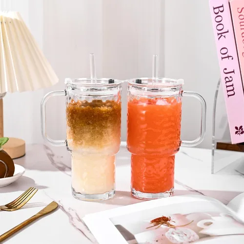 Vista 5 de Vaso de vidrio de 18 onzas con asa y tapa, paquete de 2 tazas de café helado con pajitas, taza de vidrio para bebidas frías y calientes, taza