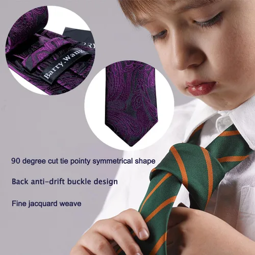 Vista 180 de Barry.Wang Corbata de niño regular seda tejida rayas sólido lazo bolsillo cuadrado