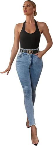 Vista 5 de SheIn Camiseta sin mangas con cuello halter para mujer, estilo casual, de punto acanalado