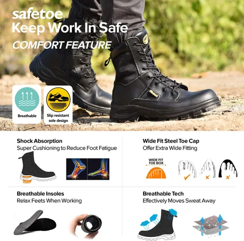 Vista 6 de Botas tácticas militares para hombre de 8 pulgadas con punta de acero, botas de seguridad para el trabajo con cremallera lateral, botas de combate