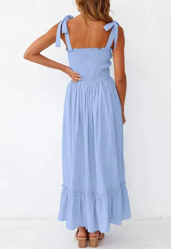 Vista 2 de ZESICA Women's 2023 Summer Boho Spaghetti Strap Square Neck Solid Color Ruffle A Line Beach Long Maxi Dress