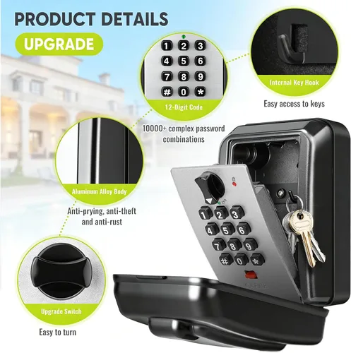 Vista 3 de BKNOOU Caja de bloqueo de llave resistente e impermeable para exteriores, caja de bloqueo de pared de gran capacidad para llaves con código, caja