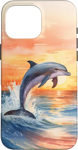 Vista 19 de Dolphin Jumping Sunset Over Ocean Watercolor Art Case for iPhone 17