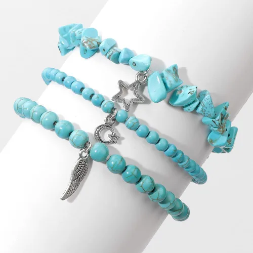 Vista 3 de Juego de 3 pulseras de cuentas de piedra natural para mujeres y hombres, estrellas y luna, alas de ángel, juego de pulseras curativas de reiki