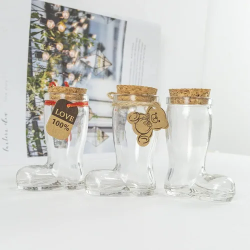 Vista 4 de Tarros de vidrio con forma de zapato de 1.35 onzas con tapas de corcho, botellas de vidrio con corcho, botella de vidrio decorativa con tapón