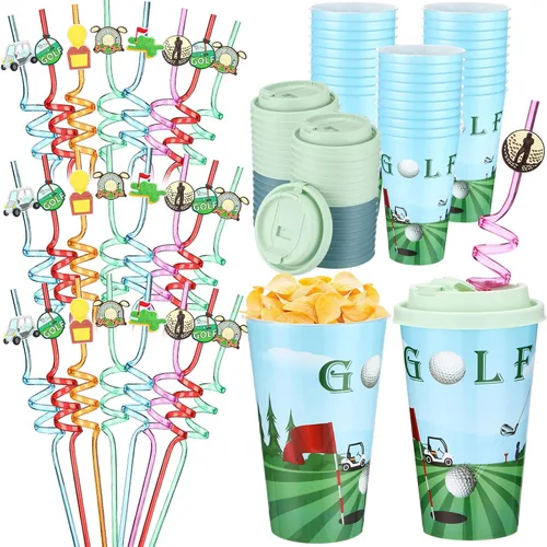 Vista 32 de Yungyan 16 juegos de tazas de golosinas con tapas y pajitas para decoraciones de cumpleaños, reutilizables, 16 onzas, vasos de plástico para dulces