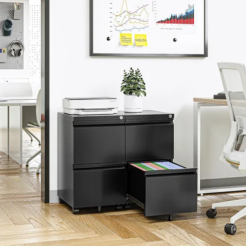 Vista 6 de Archivador móvil con cerradura, 2 cajones, pequeño gabinete rodante para oficina en casa, legal/carta/A4 (negro)